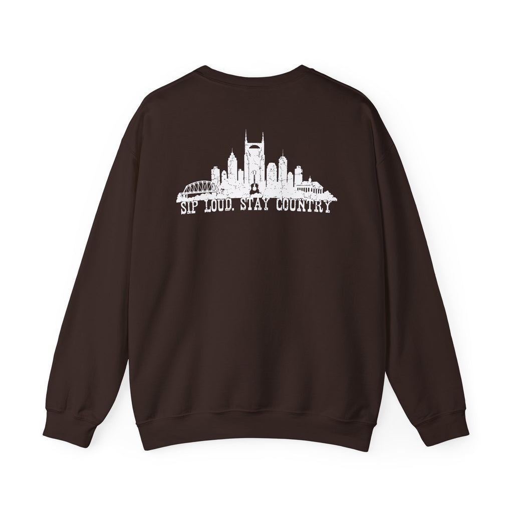 Nashville Drinking Club Crewneck Sweatshirt — 'Sip Loud, Stay Country' Skyline Pullover