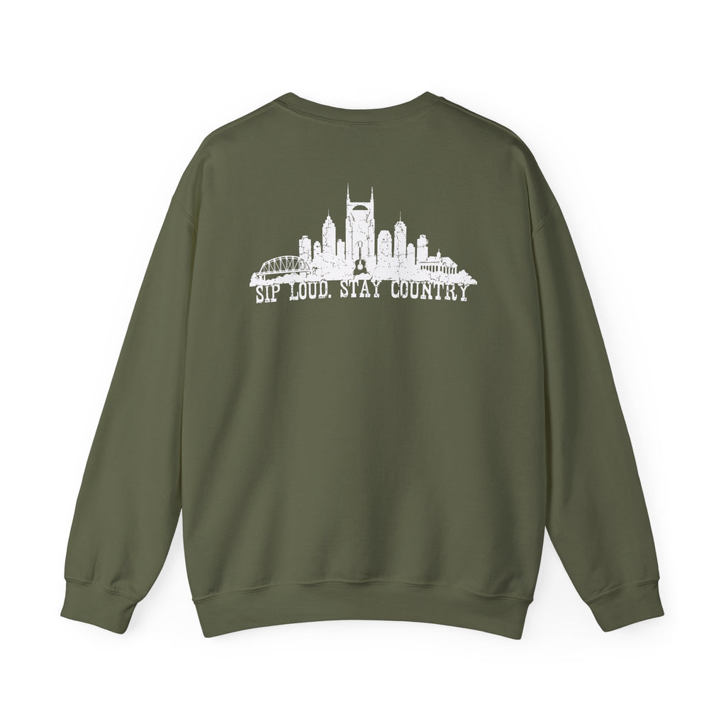 Nashville Drinking Club Crewneck Sweatshirt — 'Sip Loud, Stay Country' Skyline Pullover